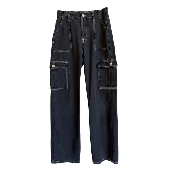 Black Cargo Pants Jeans Womens 25Wx28L Contrast Stitch Skater Grunge Emo‎ Denim - Picture 1 of 7